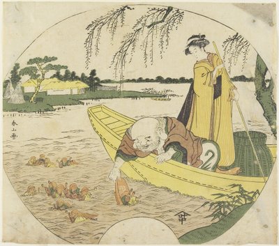 (Hotei God op een Boot die Sho_jo_ Goblins vangt met een Sake Cup), 1782-1789 door Katsukawa Shunzan